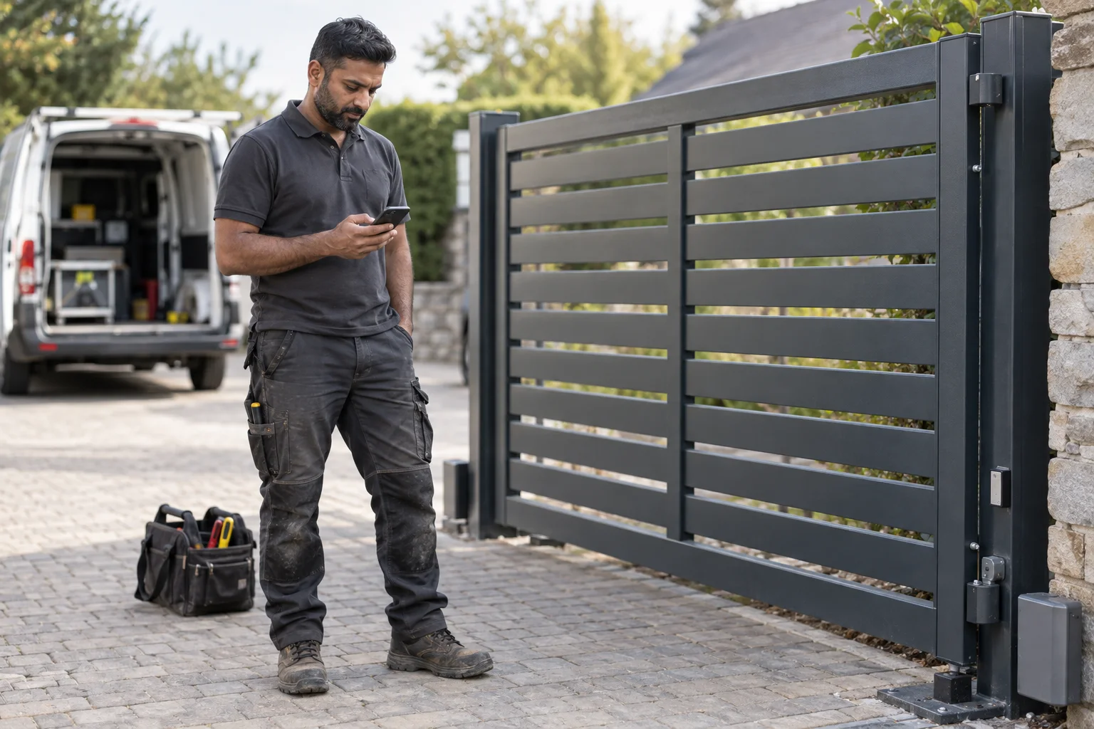 A gate installer in work clothes checking his phone beside a stationary driveway gate and tool bag.