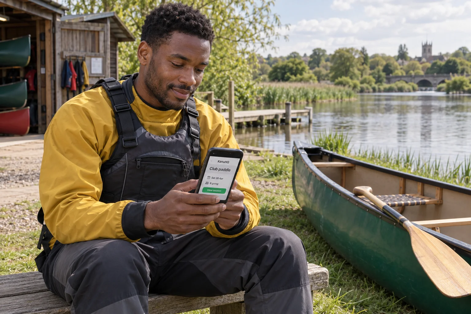 A canoeist in a yellow paddling top and buoyancy aid checking a KanuHQ session mockup beside an open canoe.