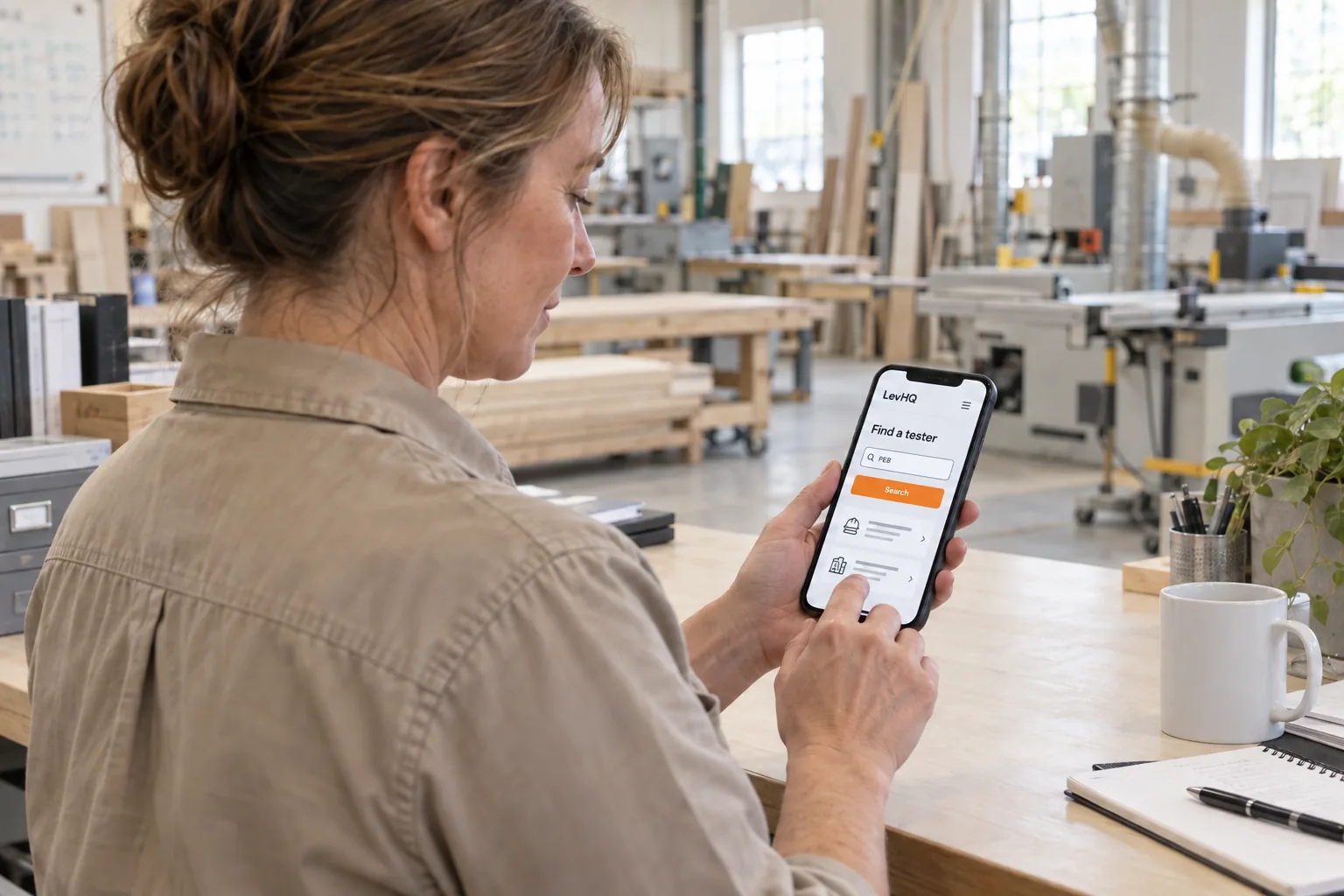 Generated scene of a workshop manager using a LevHQ tester search mockup on her phone.