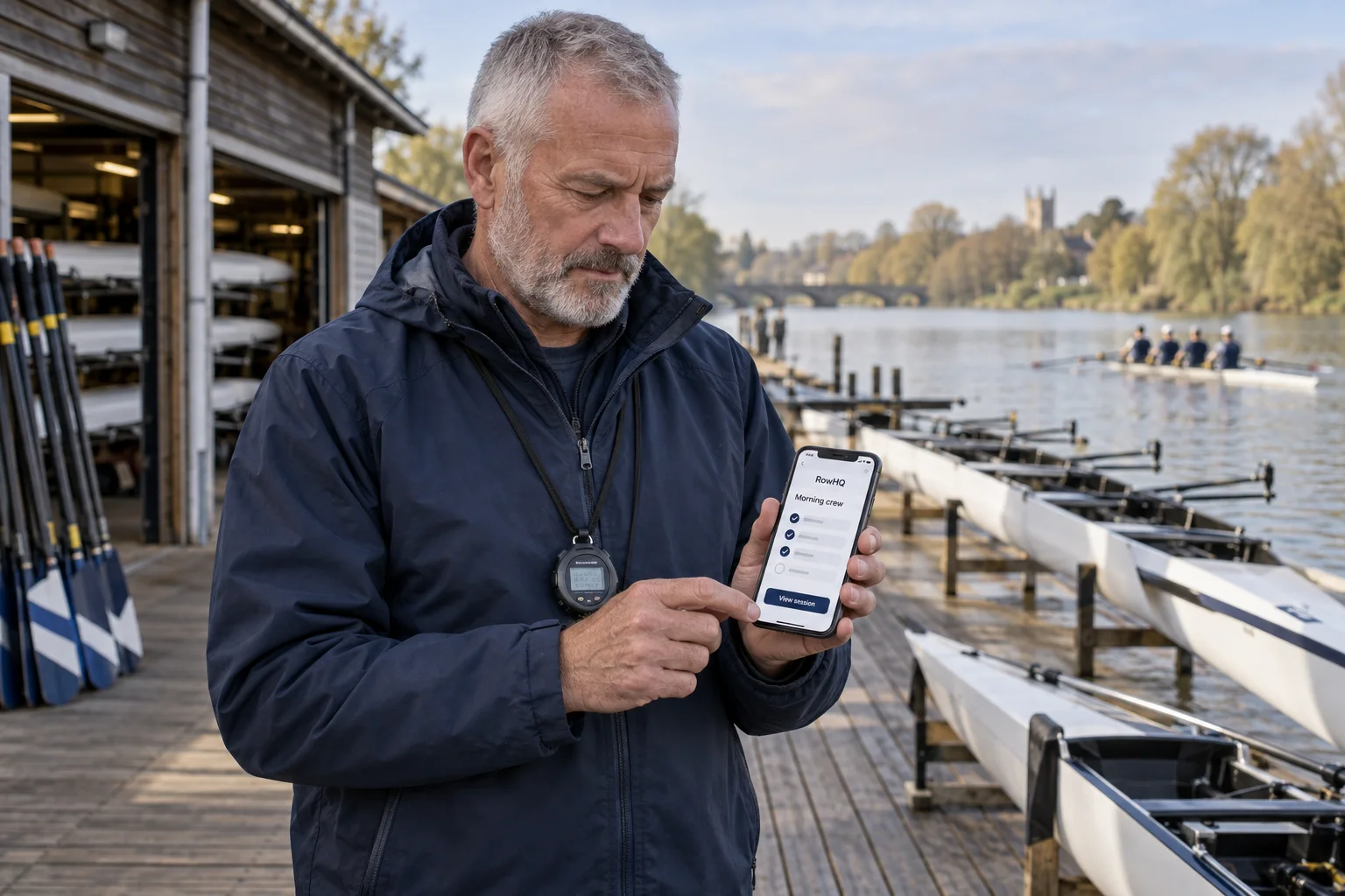 A rowing coach with a stopwatch checking a RowHQ session mockup beside rowing shells at the boathouse.