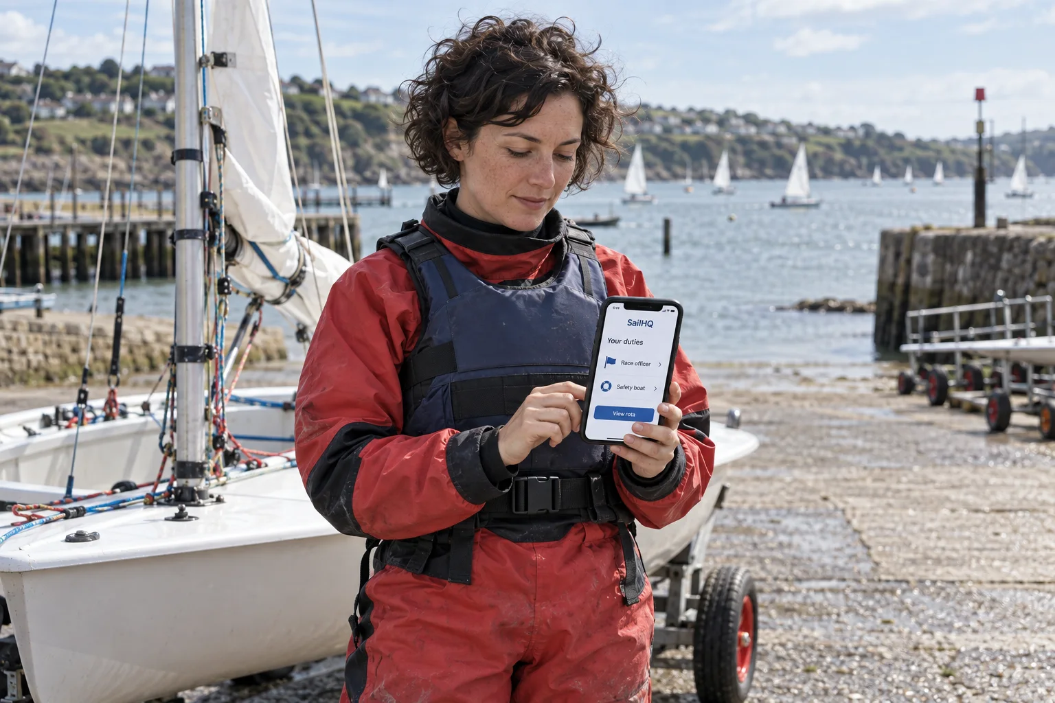 A sailor in a red drysuit and buoyancy aid checking a SailHQ duty rota mockup beside her dinghy.