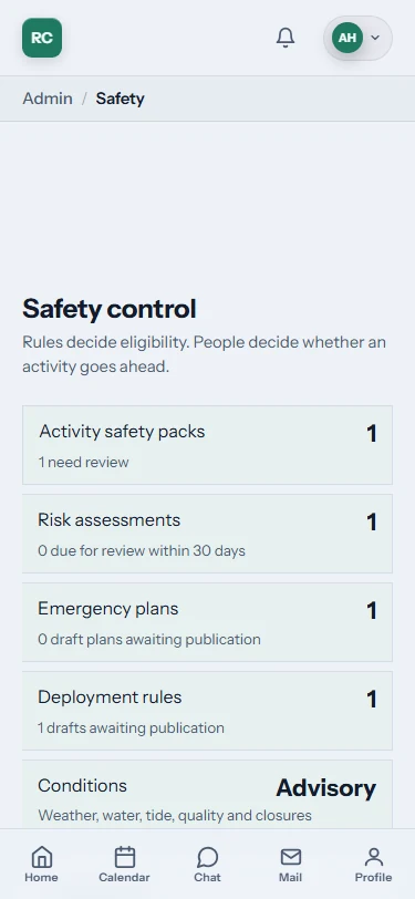KanuHQ safety control shown inside a phone frame