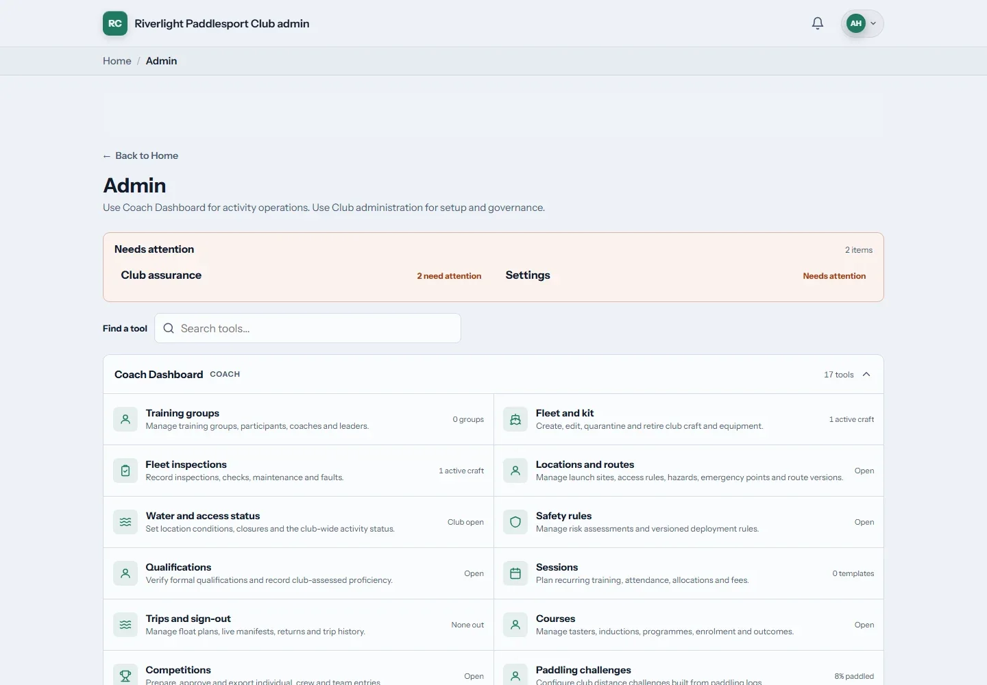 KanuHQ club admin dashboard showing members, fleet, trips and records needing attention, using sample club data.