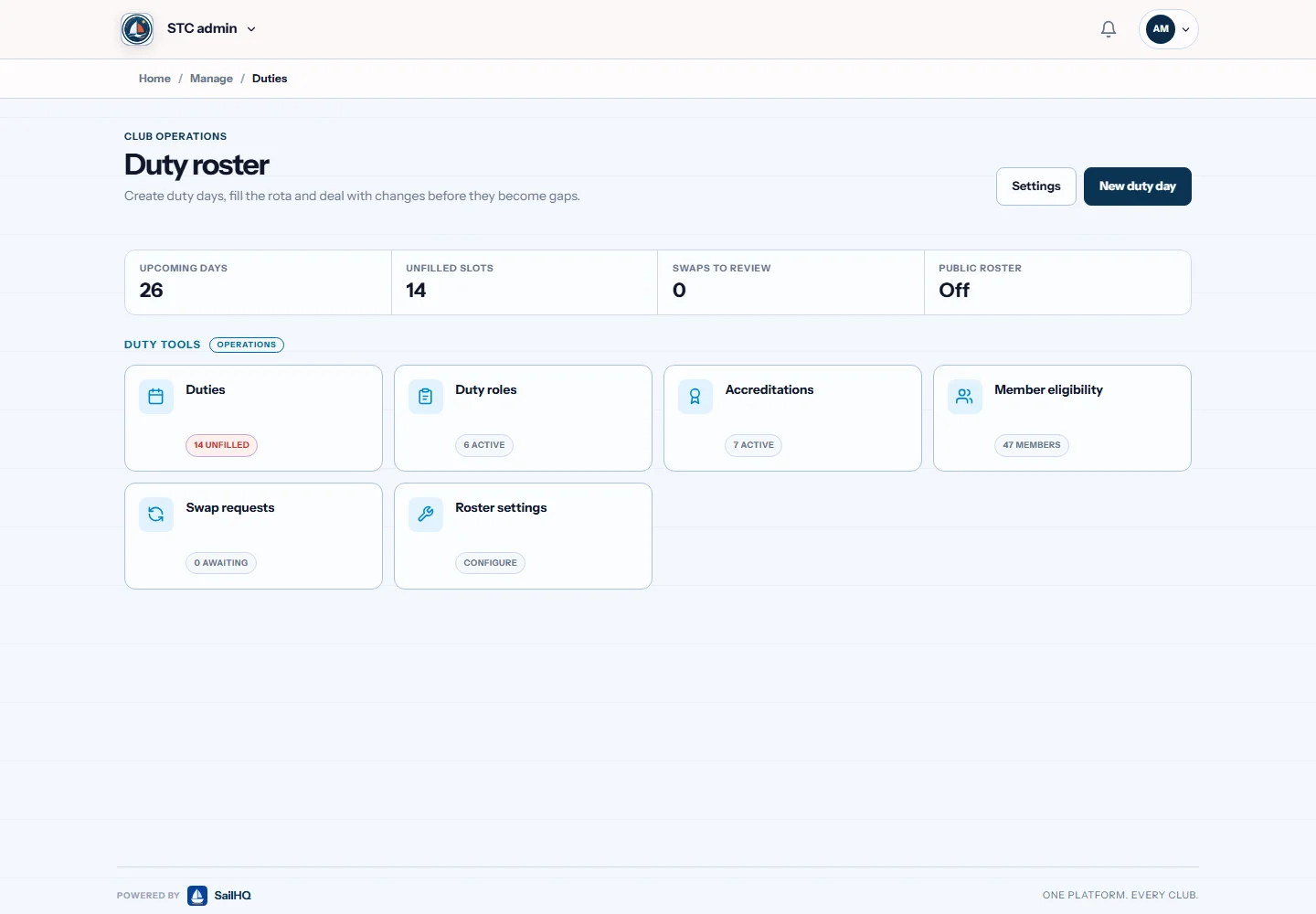 SailHQ duty roster dashboard showing unfilled slots, swap requests, roles and member eligibility, using sample club data.